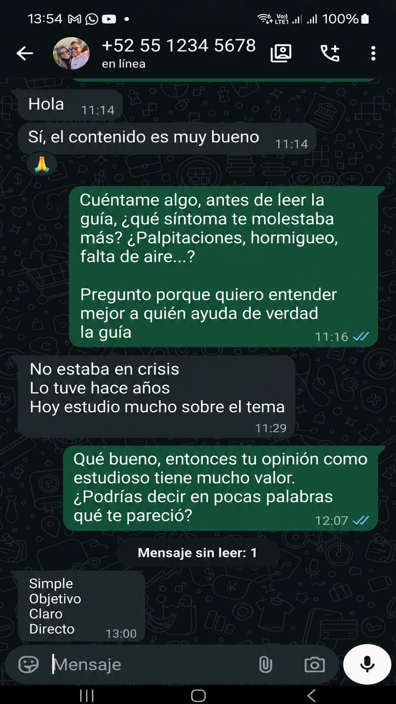 Conversación real de WhatsApp de una clienta de Cuerpo Seguro